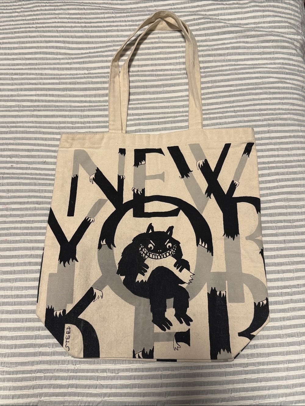 New Yorker Beige Canvas Tote with Black Monster Graphic - Good Condition